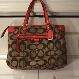 Coach brown & coral tote style shoulder bag